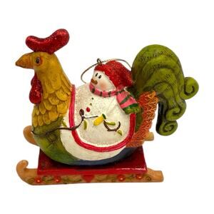 Rooster Farmhouse Christmas Ornament Sledding Snowman Folk Art Whimsical EUC